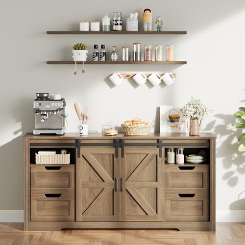 Farmhouse Sideboard Buffet Cabinet with Storage & Sliding Barn Doors & 4 Drawers, view 2
