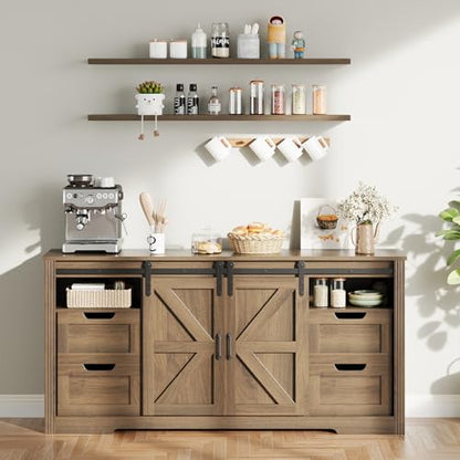 Farmhouse Sideboard Buffet Cabinet with Storage & Sliding Barn Doors & 4 Drawers, view 2
