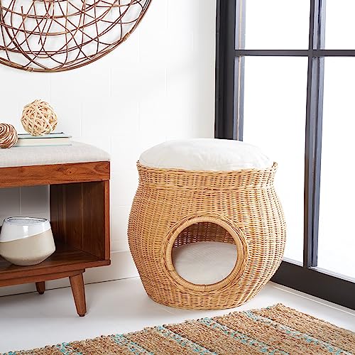 SAFAVIEH Home Collection Suli Honey Rattan/White Cushion Dome Cat Bed