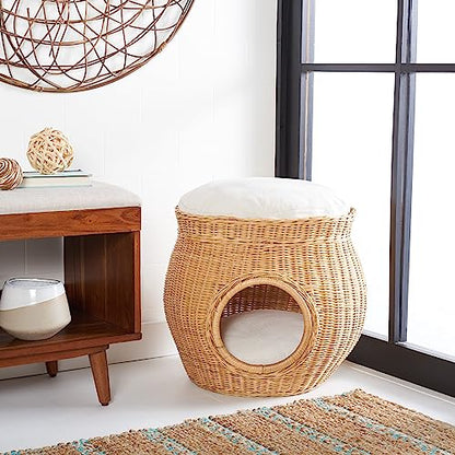 SAFAVIEH Home Collection Suli Honey Rattan/White Cushion Dome Cat Bed