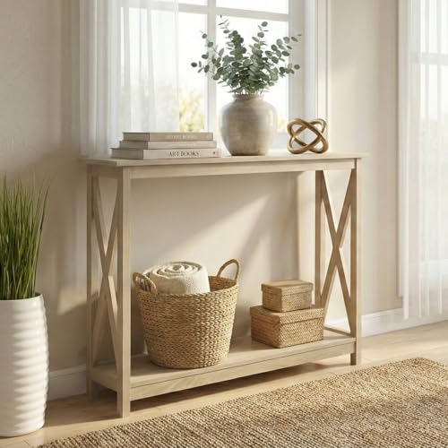 Console Table, Modern Farmhouse Wood Entryway / Sofa Table with 2-Tier Storage, 39 Inch, White Oak