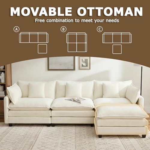113” Modular Sectional Sofa, L Shaped Cloud Couch with Movable Ottoman, Comfy Chenille Deep Seat Sofa with Throw Pillows, 4 Seat Modern Couches for Living Room Bedroom Apartment, Beige
