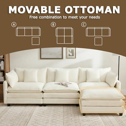 113” Modular Sectional Sofa, L Shaped Cloud Couch with Movable Ottoman, Comfy Chenille Deep Seat Sofa with Throw Pillows, 4 Seat Modern Couches for Living Room Bedroom Apartment, Beige