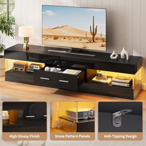 67" Modern TV Stand for 75 Inch TV, LED Entertainment Center, Black, view 5