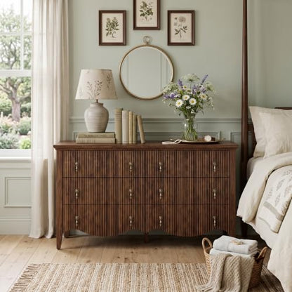 6-Drawer Fluted Dresser, 52" Wide Double Chest of Drawers,Walnut, view 4