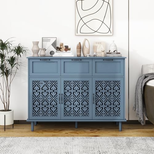 Blue 3 Doors 3 Drawers Buffet Sideboard Cabinet - Accent Cabinet with Adjustable Shelves，47 Inch Wide Wood Storage Cabinets for Dining Room,Living Room and Kitchen