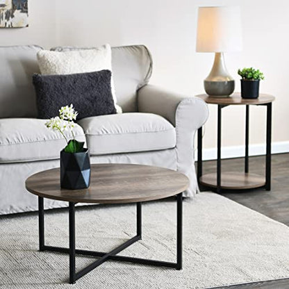 Jamestown Round Coffee Table Ashwood Rustic Wood Grain and Black Metal 31.5 x 31.5, Taupe