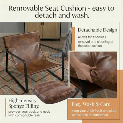 Mid-Century Accent Chair Armchair, Comfy PU Leather Leisure Chair Lazy Chair with Metal Leg for Living Room Bedroom Office Apartment, Brown