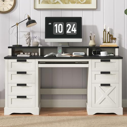 60" Farmhouse Executive Desk with 8 Drawers, Wood Computer Desk with Keyboard Tray and Charging Station, Home Office Desk Writing with File Drawer Fits A4 Size for Work and Study, White and Black