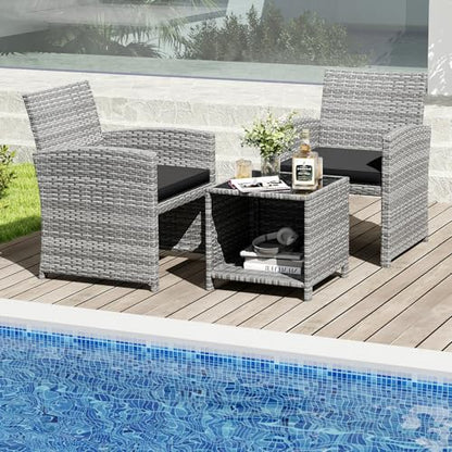 3 Pieces Patio Furniture Set, PE Rattan Outdoor Chairs with Tempered Glass Coffee Table & Soft Seat Cushions, Patio Bistro Set, Outdoor Conversation Set for Porch, Backyard Poolside (Black)