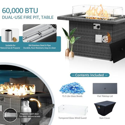 7 Piece Large Modern Patio Furniture Set with Propane/Gas Firepit Table, 29.3'' High Back Comfy Wicker Sectional Sofa Couches with Fire Pit, Outdoor Deep Conversation, Fade-Proof, Turquoise