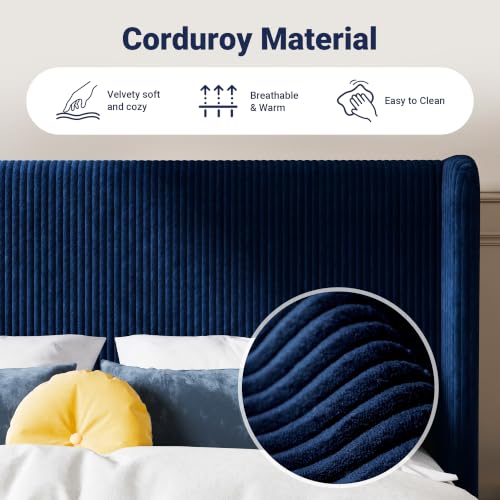Queen Size Platform Bed with Corduroy Wingback Headboard, Blue, view 6