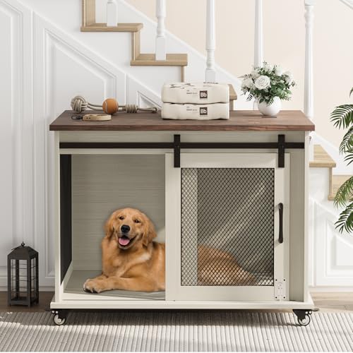 Modern Farmhouse Wooden Dog Crate Furniture with Sliding Barn Door, Turn Top, view 7