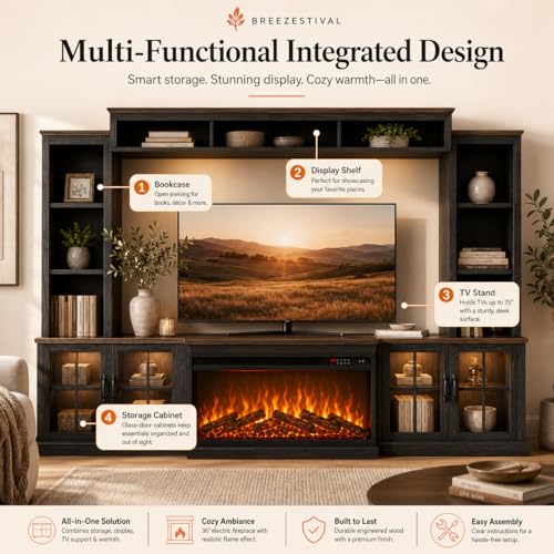 Black Farmhouse TV Stand with Fireplace, Entertainment Center, view 5