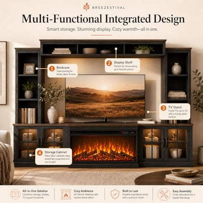 Black Farmhouse TV Stand with Fireplace, Entertainment Center, view 5