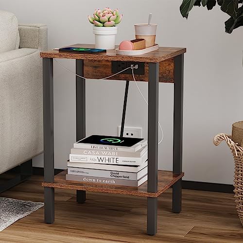 Side Table with Charging Station, Set of 2 End Tables with USB Port and Outlets, Nightstands with 2-Tier Storage Shelves, Sofa Table for Small Space, Living Room, Bedroom, Rustic Brown 102F2