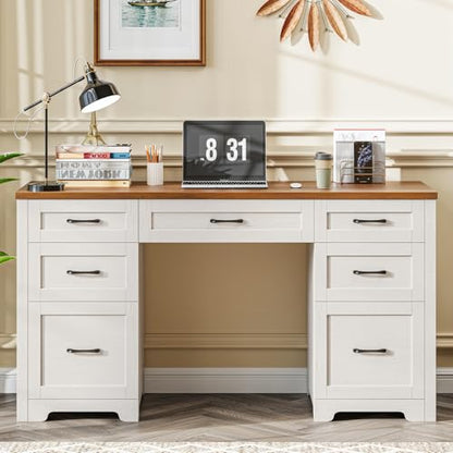 Farmhouse 61'' Executive Desk with 7 Drawers, Rustic Office Desk Computer Table with File Drawers, Wood Workstation for Home Office and Study,Unique White