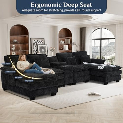 U Shaped Cloud Sectional Couch, 132" Fluffy Modular Sofa Set with Double Chaise Lounge Central Console & USB Port, Comfy Chenille Big Sectional Couches for Living Room, Dark Black
