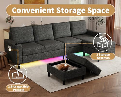 Smart Sectional Couches for Living Room, 6 Seat U/L Shaped Sectional Sofa with RGB Light/Charging, Modern Living Room Furniture for Apartments/Office/More (Dark Grey)