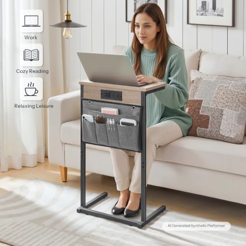 C Shaped End Table with Charging Station, 28" H Couch Side Table Slide Under, Sofa Arm Tray Table with Storage Bag for Living Room, Recliner, Greige BG70USF01