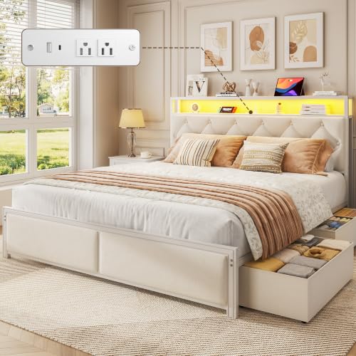 Queen Bed Frame with 4 Drawers, Upholstered Headboard with Storage, view 2