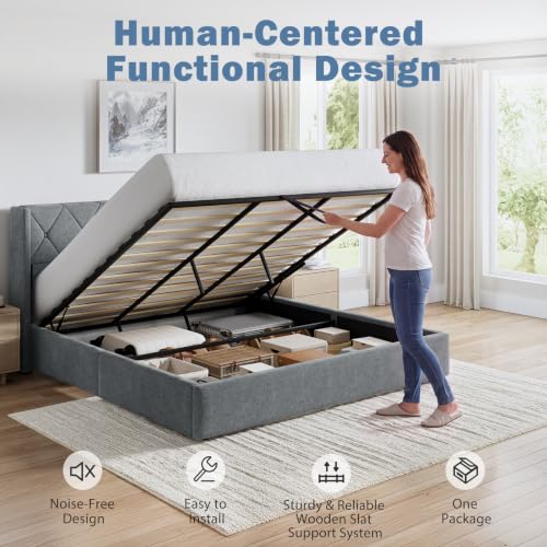 Lift Up Storage Bed Frame King Size with Wingback Headboard, view 4