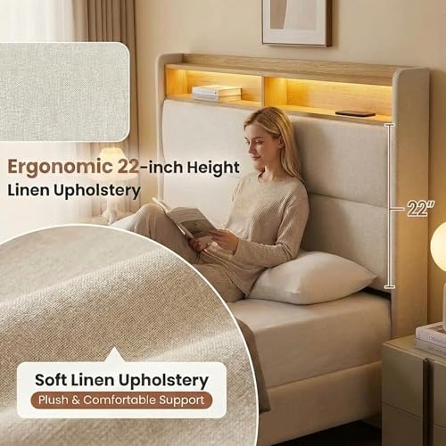 Queen Bed Frame with 51.8" Wingback Bookcase Storage Headboard, Cream Beige Upholstered Platform Bed with Charging Station (Type-C) & LED Lights, No Box Spring Needed, Cream Aesthetic
