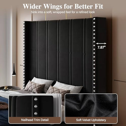 Queen Bed Frame with 65.75" Tall Headboard, Black, view 6