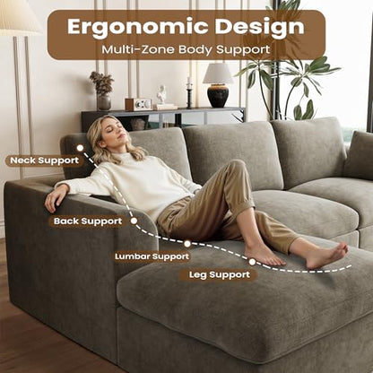 110" Cloud Sectional Couches for Living Room, Convertible L Shape Boneless Couch with Ottoman, Oversized Modular Cloud Sofa Set, 3 Seat Deep Comfy Sofa for Bedroom Apartment, Chenille (Light Brown)