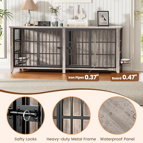 78" Dog Crate Furniture for 1 or 2 Dogs, Double Dog Crates, Grey, view 6