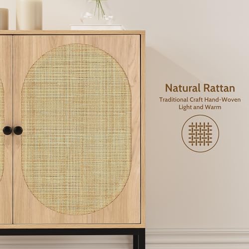 Set of 2 63" Sideboard Cabinet with Natural Rattan Hand-Woven Doors, Rattan Cabinet, Accent Buffet Storage Console Cane Credenza, for Living Room Entryway, Metal Legs/Natural