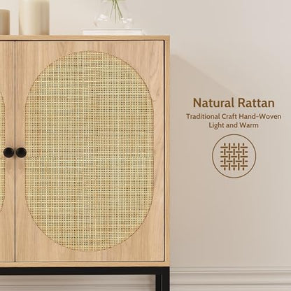 Set of 2 63" Sideboard Cabinet with Natural Rattan Hand-Woven Doors, Rattan Cabinet, Accent Buffet Storage Console Cane Credenza, for Living Room Entryway, Metal Legs/Natural