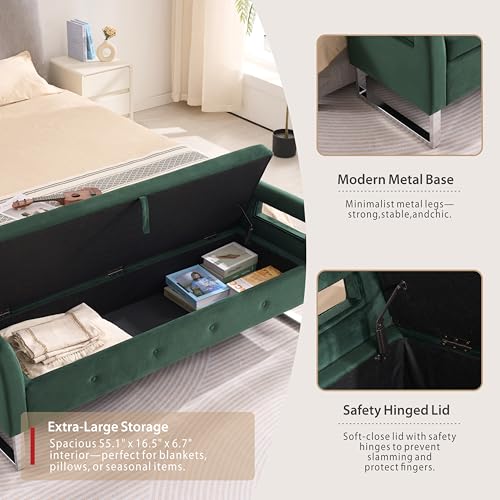 Storage Bench for Bedroom, 67.9'' End of Bed King Size Green Ottoman Upholstered Velvet Shoe Bench for Entryway, Hallway, Bedroom, Cloakroom, Window Bench, Green.