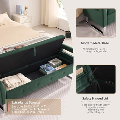 Storage Bench for Bedroom, 67.9'' End of Bed King Size Green Ottoman Upholstered Velvet Shoe Bench for Entryway, Hallway, Bedroom, Cloakroom, Window Bench, Green.