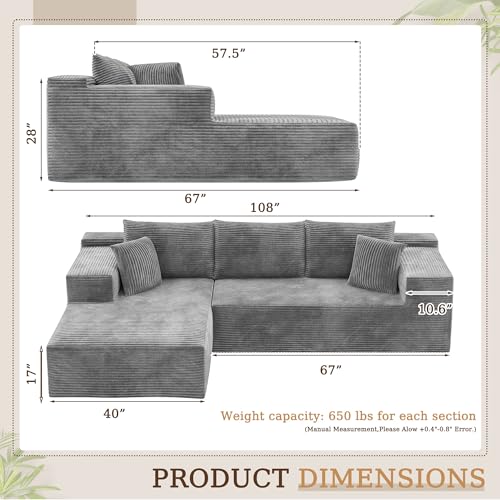 Boneless Couches for Living Room, 108" Sectional Modular Sectional Sofa with Deep Seat, Cloud Comfy Couch with L-Shape Chaise, Easy Assembly (Corduroy, Gray)