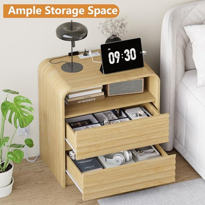 Dresser and Nightstand Sets for Bedroom, 3 Pcs Bedroom Set, Fluted 9 Drawer Dresser with Curved Profile and Night Stand Set of 2 with Charging Station, Wood Chest of Drawers, Natural Oak