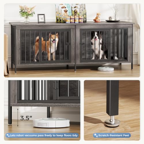 63" Dog Crate Furniture for 2 Dogs with Divider, Gray Wood Grain, view 5