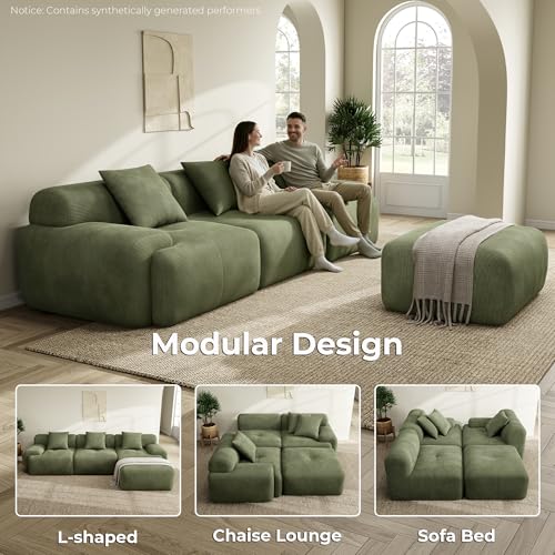 LumiCord Modular Sectional Sofa with Ottoman, 118" L-Shaped Boneless Couch for Living Room, Oversized Deep Seat with Corduroy Upholstery, No Assembly Required, Olive Green