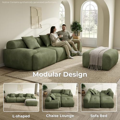 LumiCord Modular Sectional Sofa with Ottoman, 118" L-Shaped Boneless Couch for Living Room, Oversized Deep Seat with Corduroy Upholstery, No Assembly Required, Olive Green