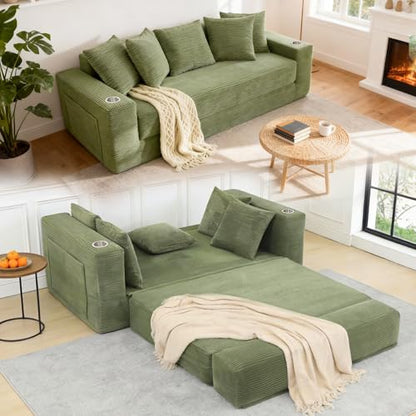 76" Convertible Sofa Bed, 2-in-1 Boneless Sleeper Sofa with Cup Holder & Pocket, Corduroy Pull Out Couch with 5 Pillows, Couch Bed for Living Room, Small Spaces, Bedroom, No Assembly
