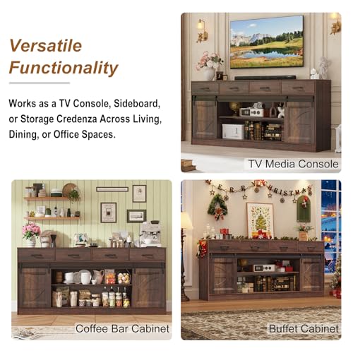 70" Large Farmhouse TV Stand for 85/80/75/70 Inch TVs w/4 Drawers,Rustic Tall Media Console w/Sliding Barn Door, Adjustable Shelves,Tall Entertainment Center for Living Room,Brown