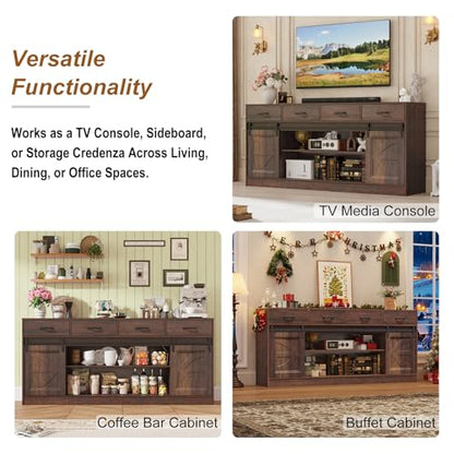 70" Large Farmhouse TV Stand for 85/80/75/70 Inch TVs w/4 Drawers,Rustic Tall Media Console w/Sliding Barn Door, Adjustable Shelves,Tall Entertainment Center for Living Room,Brown