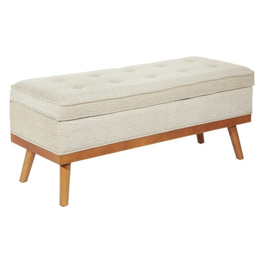 Mid-Century Storage Bench, 43.5"W x 17.5"D x 18.5"H, Linen Beige Fabric, Button-Tufted Design, Solid Wood Espresso Legs, Soft-Close Hinged Top, Hidden Storage for Bedroom or Entryway Use