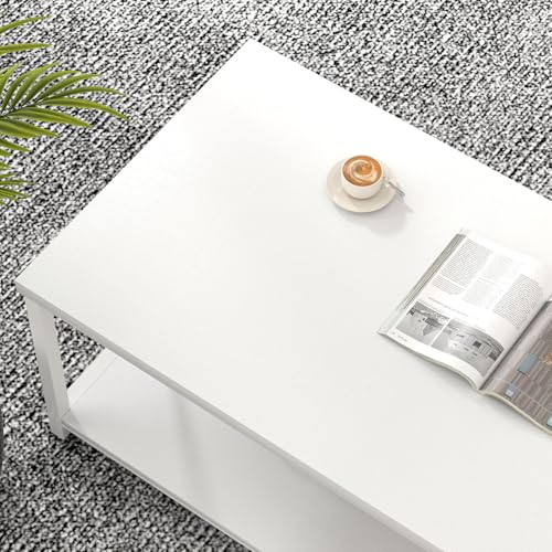 White Coffee Table with Storage Shelf, Modern Rustic Wood and Metal Center Table for Living Room, 47 Inch