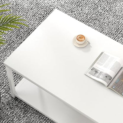 White Coffee Table with Storage Shelf, Modern Rustic Wood and Metal Center Table for Living Room, 47 Inch