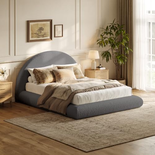 Queen Upholstered Platform Bed Frame with Arched Boucle Headboard, view 6