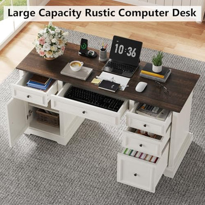 60" Farmhouse Executive Desk with Drawers and Cabinet, view 4