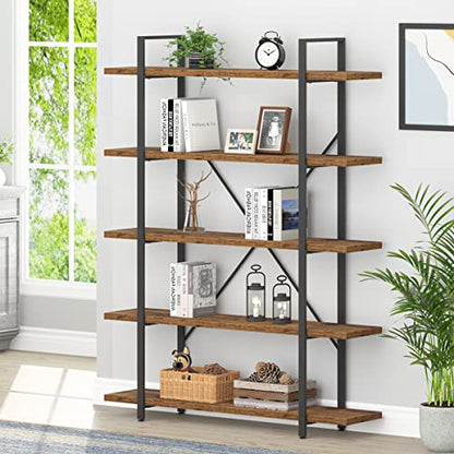 Rustic Bookcases and Book Shelves 5 Shelf, Metal Wood 5 Tier Bookshelf and Storage Book Rack, Vintage Large Book Shelf for Bedroom Living Room Office,Open Vertical Display Etagere Book Case, Brown