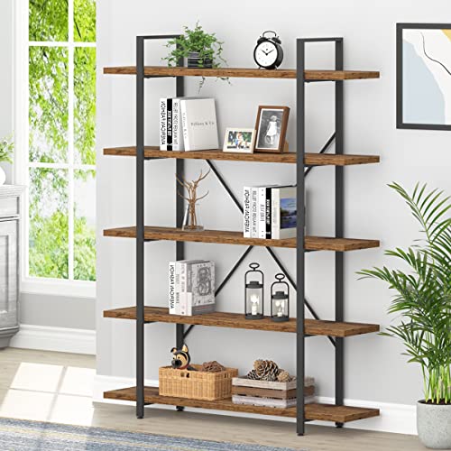 Rustic Bookcases and Book Shelves 5 Shelf, Metal Wood 5 Tier Bookshelf and Storage Book Rack, Vintage Large Book Shelf for Bedroom Living Room Office,Open Vertical Display Etagere Book Case, Brown