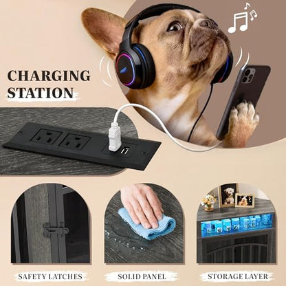 52" Corner Dog Crate Furniture with LED Light & Power Outlets, view 6